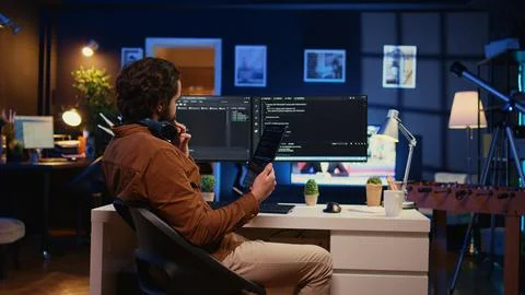IT admin holding table, using it as reference while coding on computer 스톡 사진