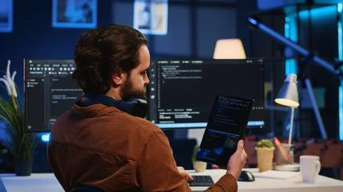 IT admin holding table, using it as reference while coding on computer 스톡 사진