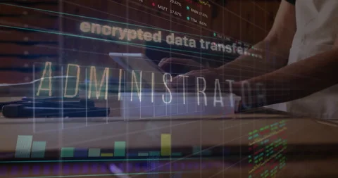 IT admin tapping tablet on kitchen table, displaying encrypted data charts while Stock Footage 311585100