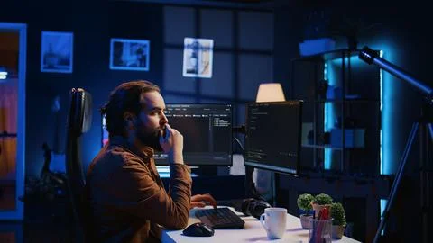 IT admin thinking and drinking coffee while working on PC early in the morning Foto stock