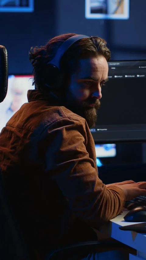 It admin using multimonitor desktop setup and notebook to finish tasks Stock Footage 264513769