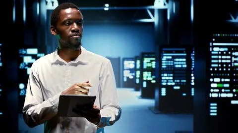 IT administrator in hardware room 库存照片