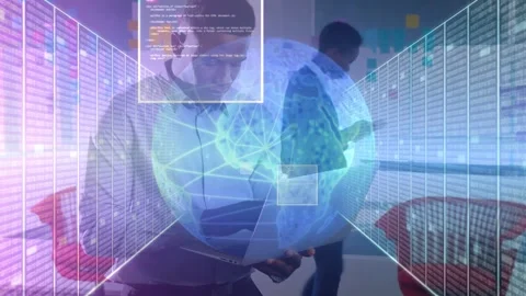 IT analyst standing center tapping laptop, creating 3D globe and sliding data Stock Footage 334788925