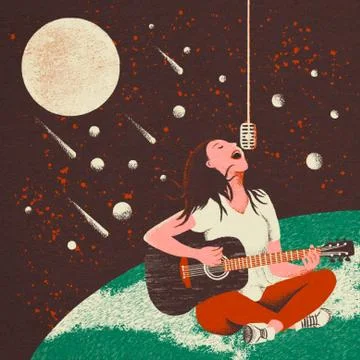 It is beautiful to sing under big moon at night Stockillustratie