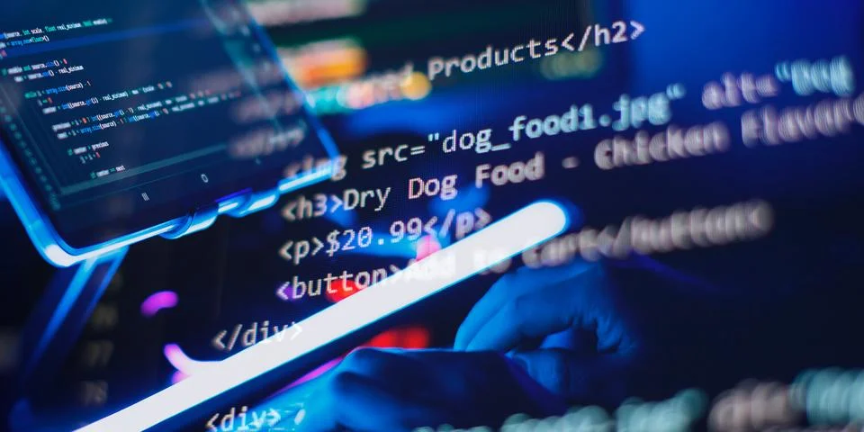 IT business. Python code computer screen. Mobile application design Concept. Stock Photos