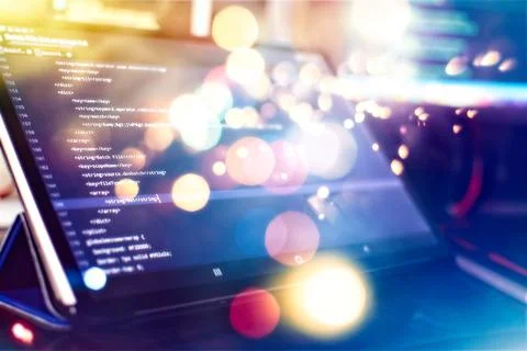 IT business.Monitor closeup of function source code. Project managers work ne Stockfoto's