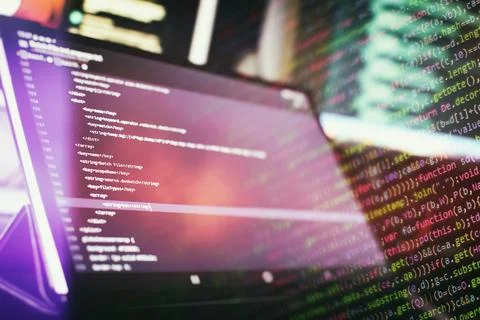 IT business.Monitor closeup of function source code. Project managers work ne Stock Photos