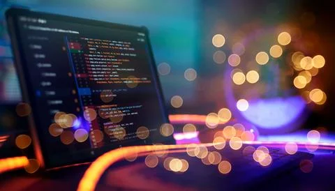 IT business.Monitor closeup of function source code. Project managers work .. Stockfoto's