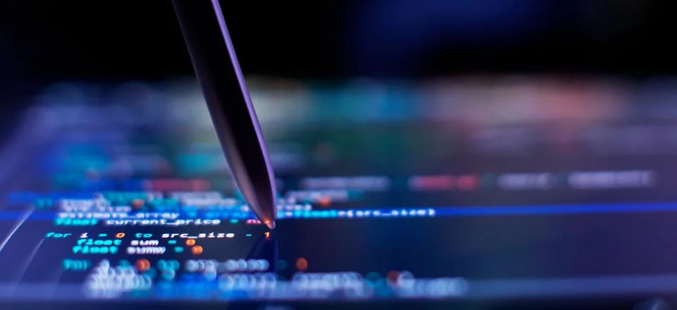 IT business.Monitor closeup of function source code. Project managers work Foto stock