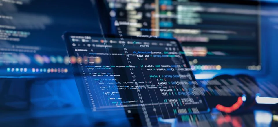 IT business.Monitor closeup of function source code. Project managers work Stockfoto's