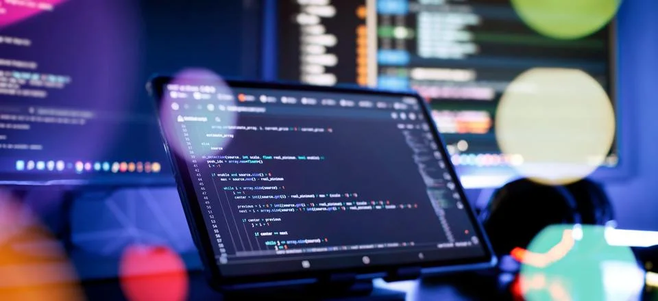 IT business.Monitor closeup of function source code. Project managers work Stockfoto's