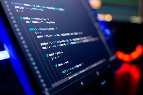 IT business.Monitor closeup of function source code. Project managers work Stock Photos