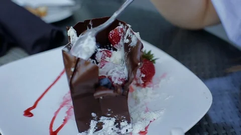 It is close-up image of ice-cream served in chocolate plate formed in cake. Stock Footage 104311638