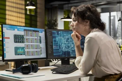 IT company expert analyzing data mining results with artificial intelligence Foto stock