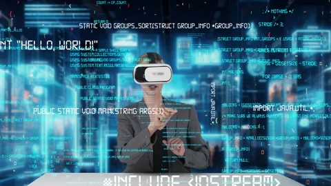IT developer analyzing intelligent coder system running data by VR. Contraption. Stock Footage 280321948