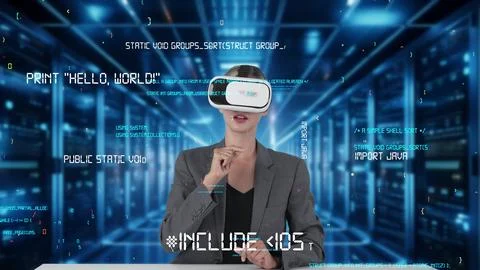 IT developer analyzing intelligent coder system running data by VR. Contraption. Stockfoto's