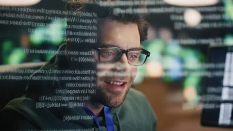IT developer coding computer data hologram closeup. Programer hands working Stock Footage 260254413