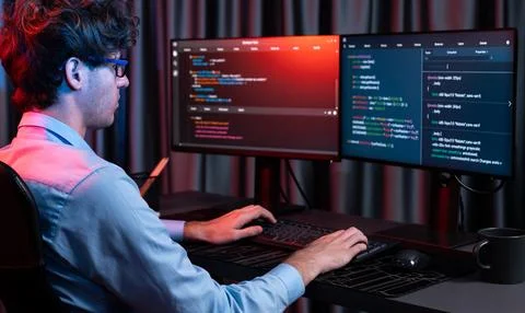 IT developer creating online software information coding on pc screen. Gusher. 스톡 사진