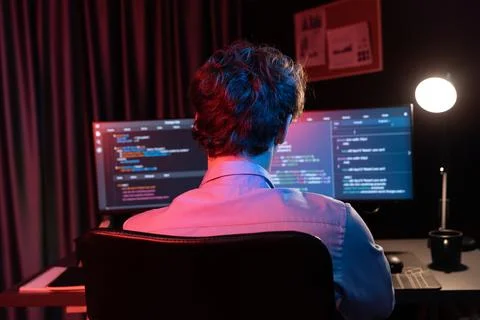 IT developer creating online software information coding on pc screen. Gusher. Stock Photos