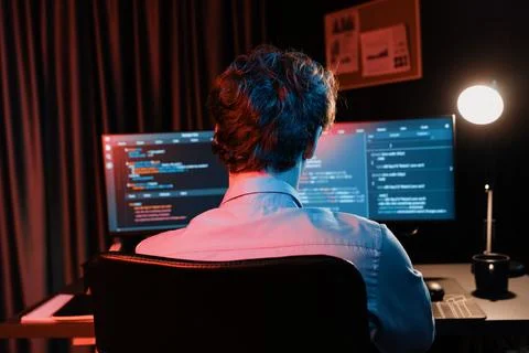 IT developer creating online software information coding on pc screen. Gusher. Foto stock
