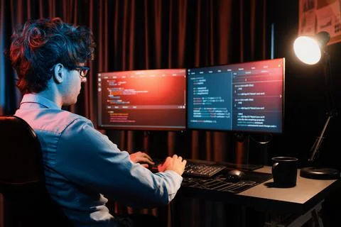 IT developer creating online software information coding on pc screen. Gusher. Foto stock