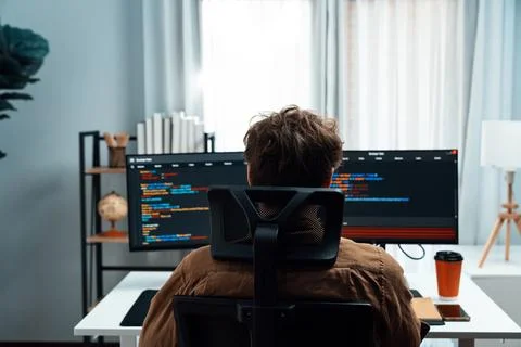 IT developer creating online software information at back side image. Gusher. 스톡 사진