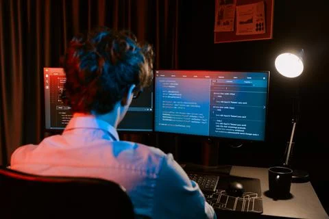 IT developer creating online software information coding on pc screen. Gusher. 스톡 사진