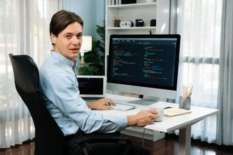 IT developer looking camera with online software development. Pecuniary. 스톡 사진
