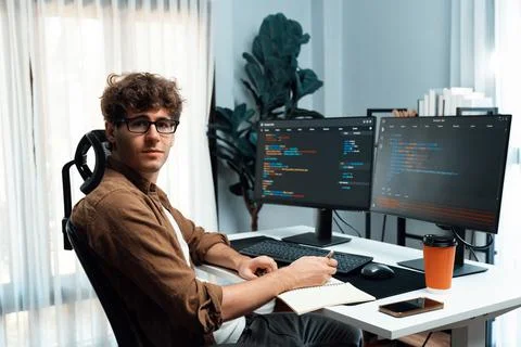 IT developer in online software information looking at camera. Gusher. Foto stock