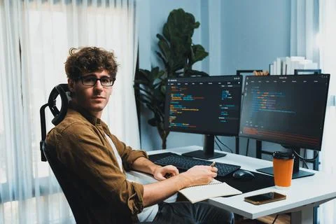 IT developer in online software information looking at camera. Gusher. 库存照片