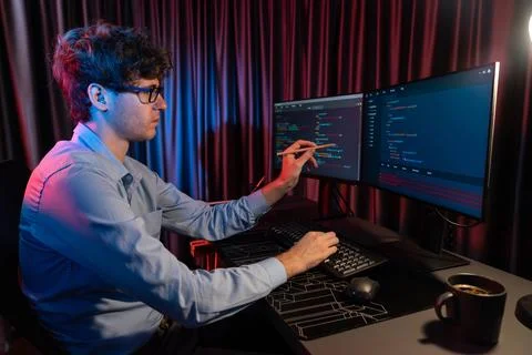 IT developer pointing online software information coding on pc screen. Gusher. 写真素材