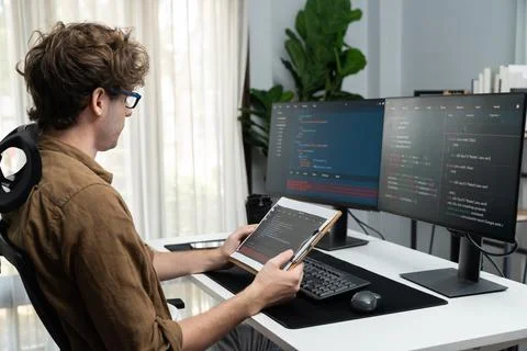 IT developer reading online software development on document report. Gusher. Foto stock