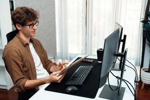 IT developer reading online software development on document report. Gusher. Stock Photos