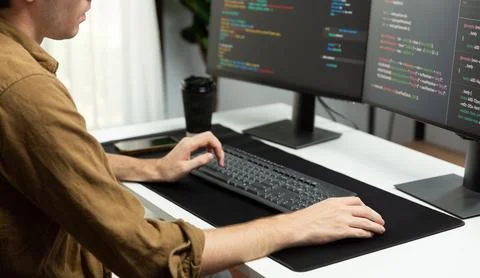 IT developer with stressful overworked in creating online software code. Gusher. 스톡 사진