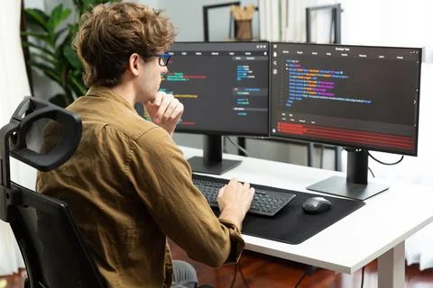 IT developer with stressful overworked in creating online software code. Gusher. 스톡 사진