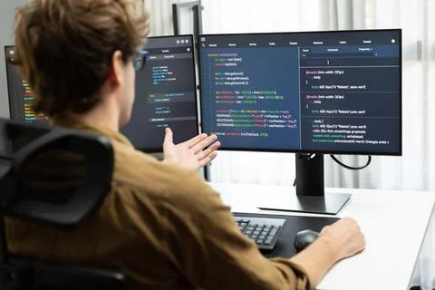 IT developer with stressful overworked in creating online software code. Gusher. Foto stock