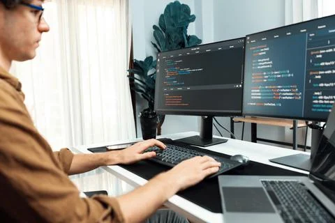 IT developer with stressful overworked in creating online software code. Gusher. 스톡 사진