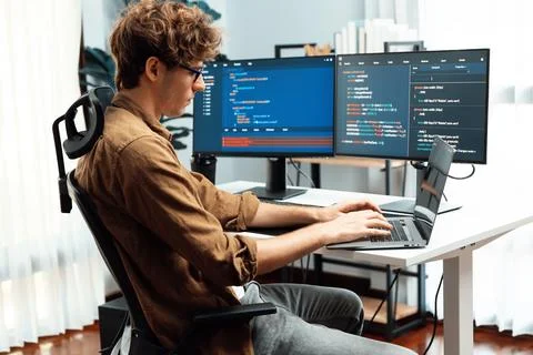IT developer with stressful overworked in creating online software code. Gusher. 스톡 사진