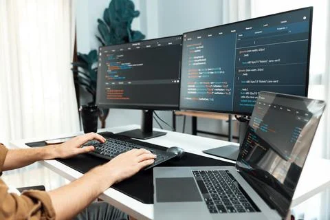 IT developer with stressful overworked in creating online software code. Gusher. Stock-Fotos