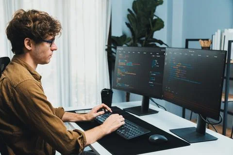 IT developer with stressful overworked in creating online software code. Gusher. 스톡 사진