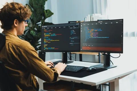 IT developer with stressful overworked in creating online software code. Gusher. 스톡 사진