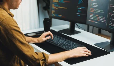 IT developer with stressful overworked in creating online software code. Gusher. 스톡 사진