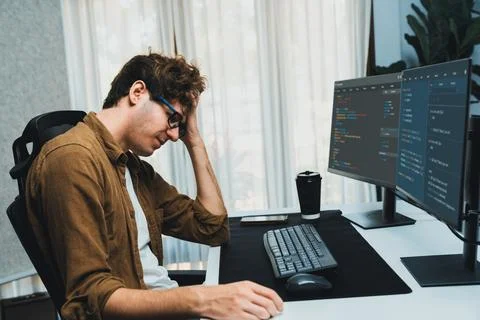 IT developer with stressful overworked having headache in bad feeling. Gusher. Stock Photos