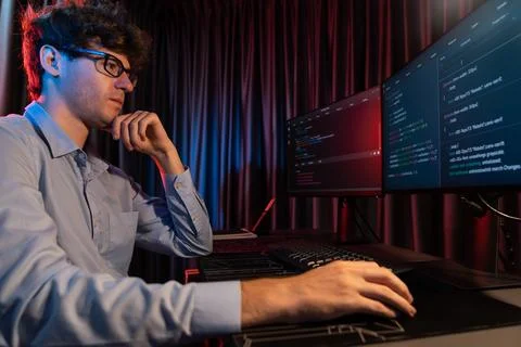 IT developer thinking online software information coding on pc screen. Gusher. 스톡 사진