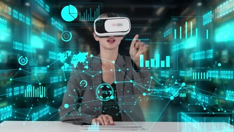 IT developer typing computer code for analyzing intelligent by VR. Contraption. Stock Footage 278547840