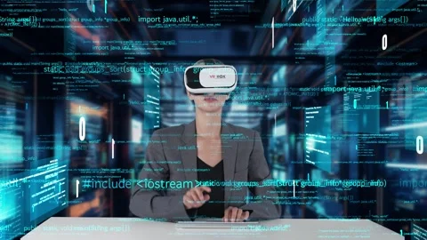 IT developer typing computer code for analyzing intelligent by VR. Contraption. Stock Footage 279939716