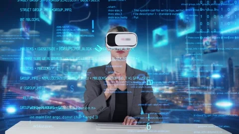 IT developer typing computer code for analyzing intelligent by VR. Contraption. Stock Footage 280709275