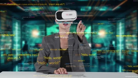IT developer typing computer code for analyzing intelligent by VR. Contraption. Stock Footage 282456463