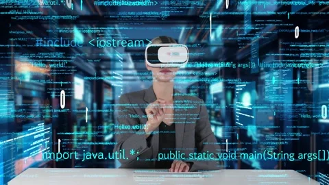IT developer typing computer code for analyzing intelligent by VR. Contraption. Stock Footage 282498124