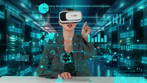 IT developer typing computer code for analyzing intelligent by VR. Contraption. Stock Footage 283504947